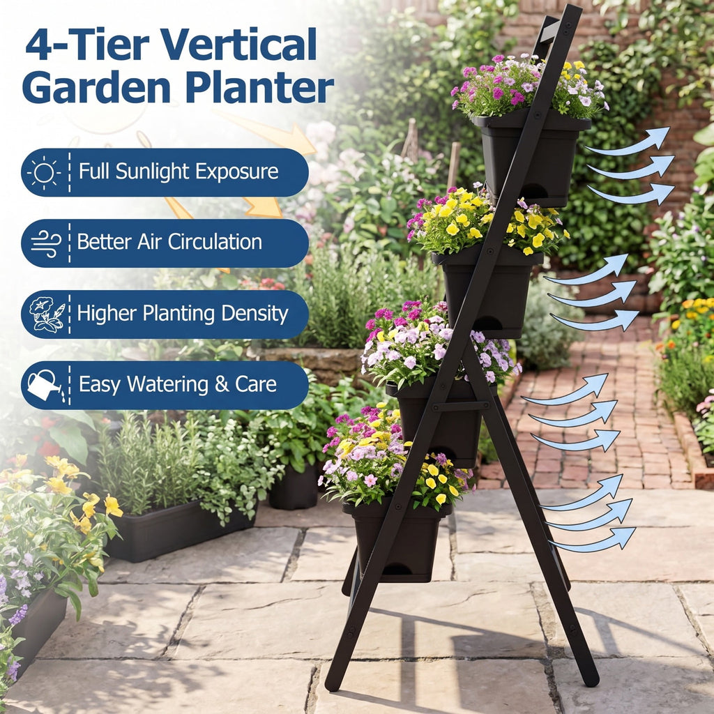 Airfind 4-Tier Vertical Raised Garden Bed with 4 Containers and Drainage Holes, Plastic Metal Frame, 26 x 20 x 49 Footprint, Black