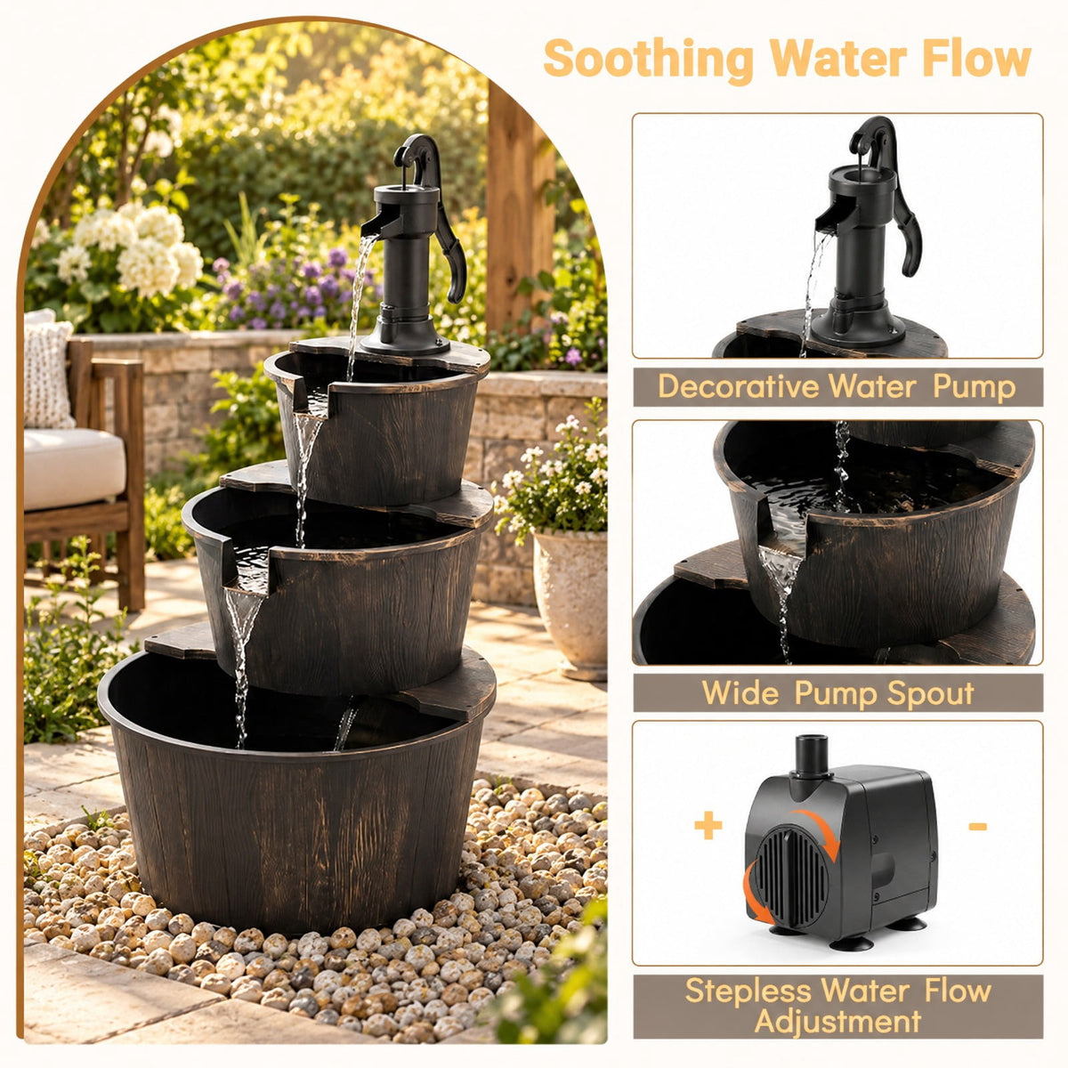 Airfind 3-Tier Outdoor Barrel Waterfall Fountain with Electric Pump, PP Metal Frame, 24 x 21 x 37 Footprint, Bronze Black