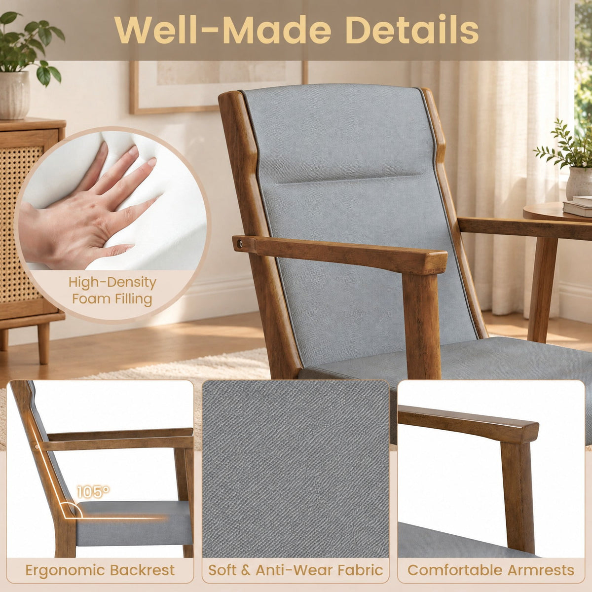 Airfind Upholstered Wooden Accent Chairs Set of 2 with High Back and Soft Cushion, 352 lbs Capacity, Rubber Wood Frame, Gray