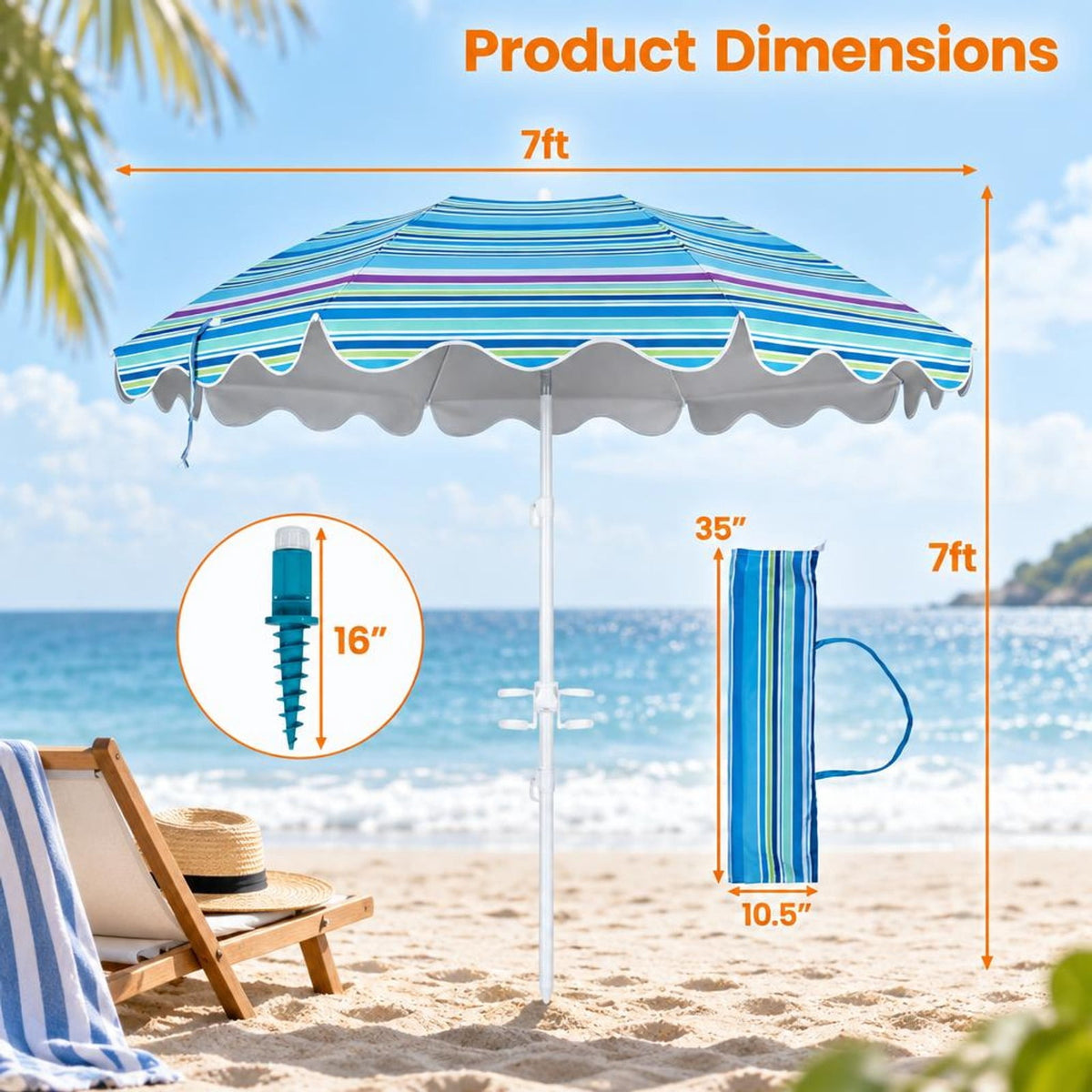 Airfind 6.5 FT Beach Umbrella UPF 50+ with Sand Anchor for Garden Pool Backyard, Polyester Fabric Metal Aluminum Alloy PP Frame, Blue Stripe