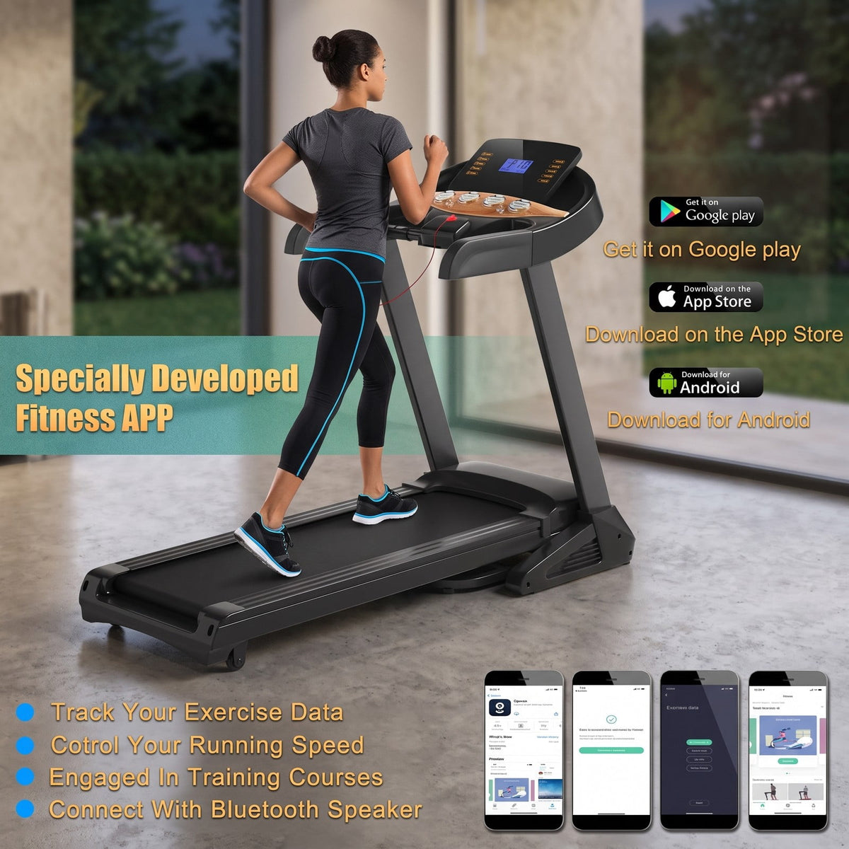 Airfind 3.75HP Folding Treadmill for Home, Electric Running Machine with Auto Incline, 12 Programs, App Control and Wide Running Belt, Black