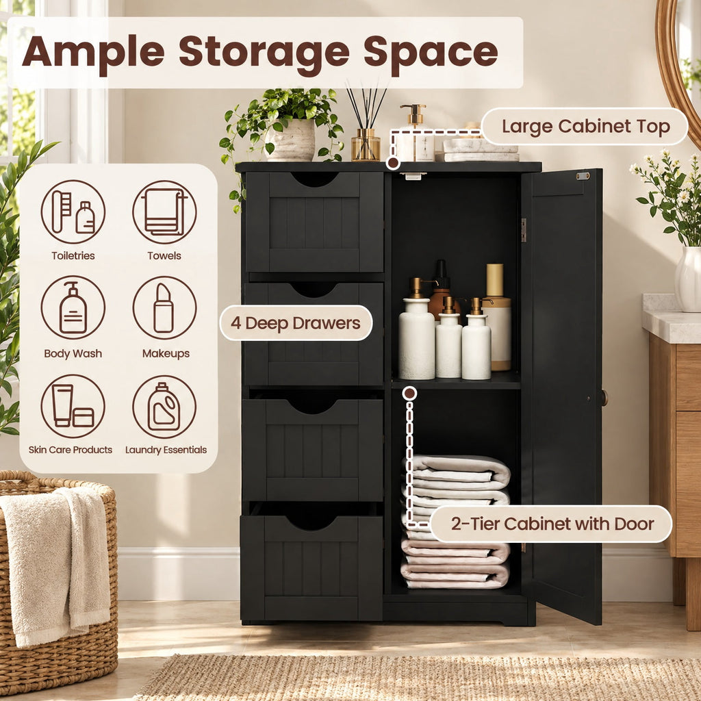 Airfind Standing Indoor Wooden Cabinet with 4 Drawers, 143 lbs Capacity, MDF Engineered Wood Frame, 21.5 Inch x 12 Inch x 32.5 Inch Footprint, Black