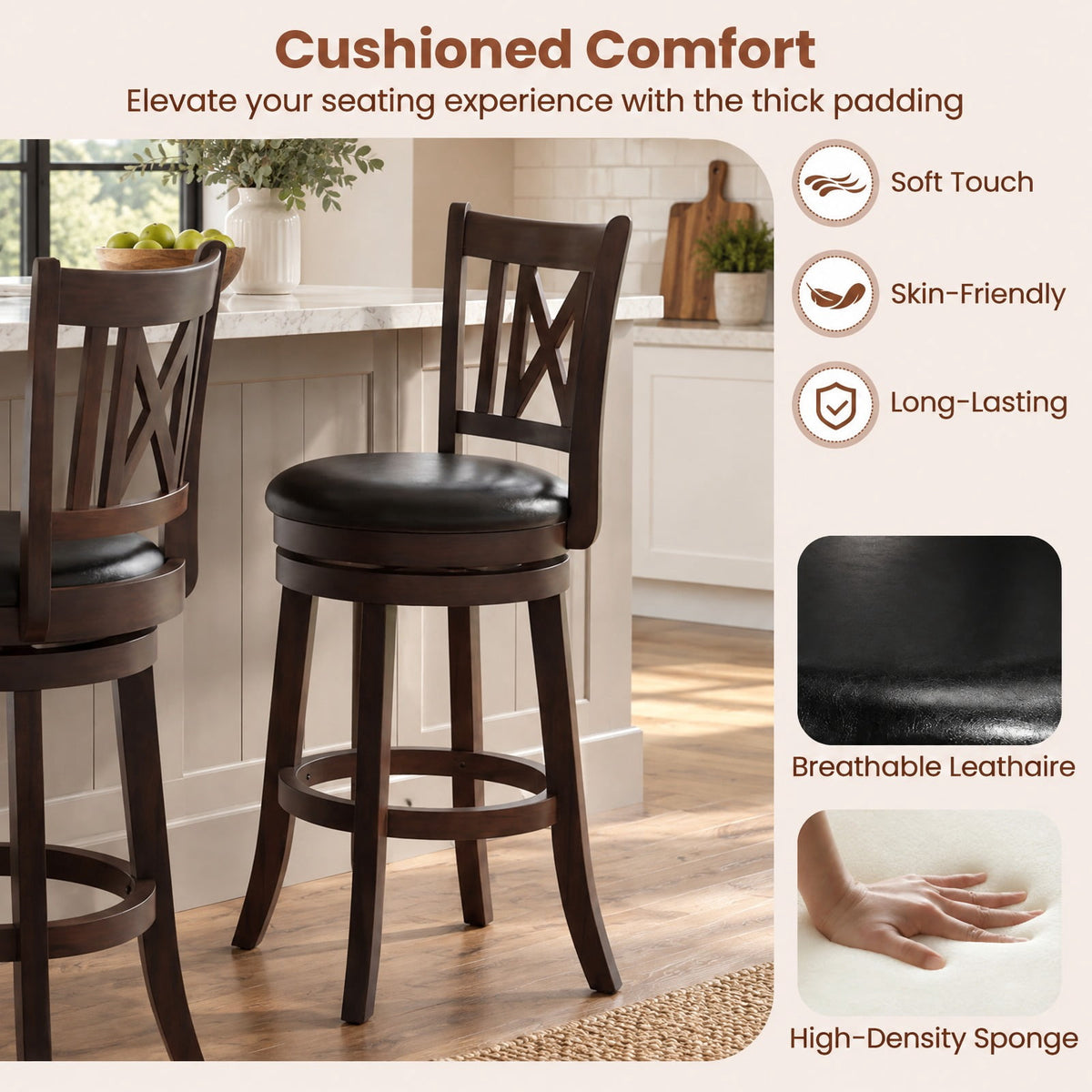 Airfind Set of 2 Bar Stools Swivel Bar Chairs with Hollowed Backrest and Footrest-26 inches, 275 lbs Capacity, 20 Inch x 18 Inch x 39.5 Inch Footprint