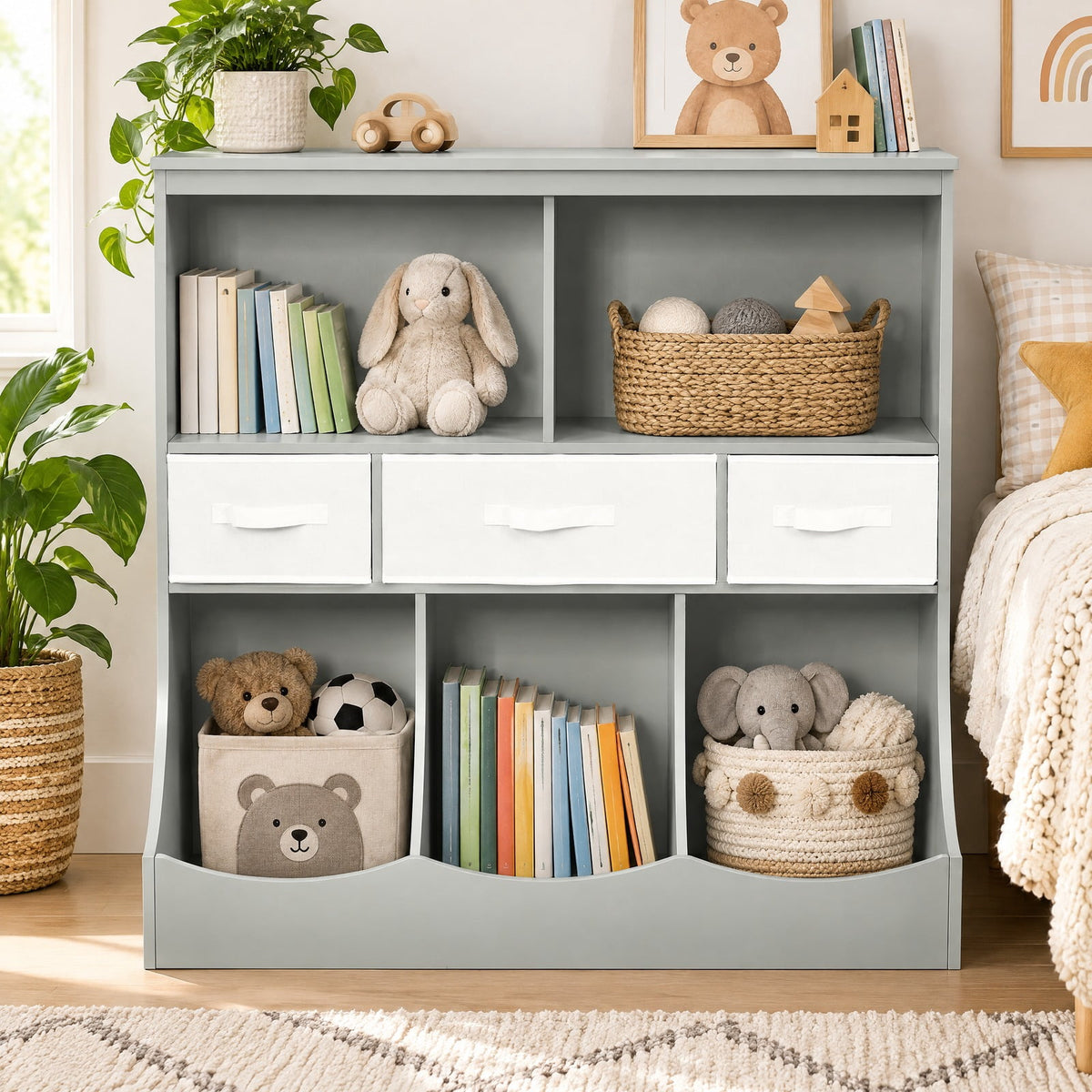 Airfind Freestanding Combo Cubby Bin Storage Organizer Unit W/3 Baskets, 66 lbs Capacity, 37 x 16 x 37 (L x W x H) Big drawer Footprint, Gray