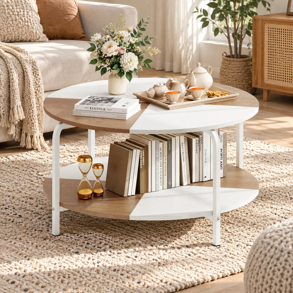 Airfind 2-Tier Round Coffee Table Metal Frame with Storage Shelf-Natural and White, 220 lbs Capacity, Engineered Wood Metal Frame, Coffee