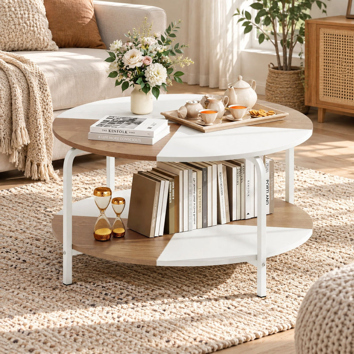 Airfind 2-Tier Round Coffee Table Metal Frame with Storage Shelf-Natural and White, 220 lbs Capacity, Engineered Wood Metal Frame, Coffee