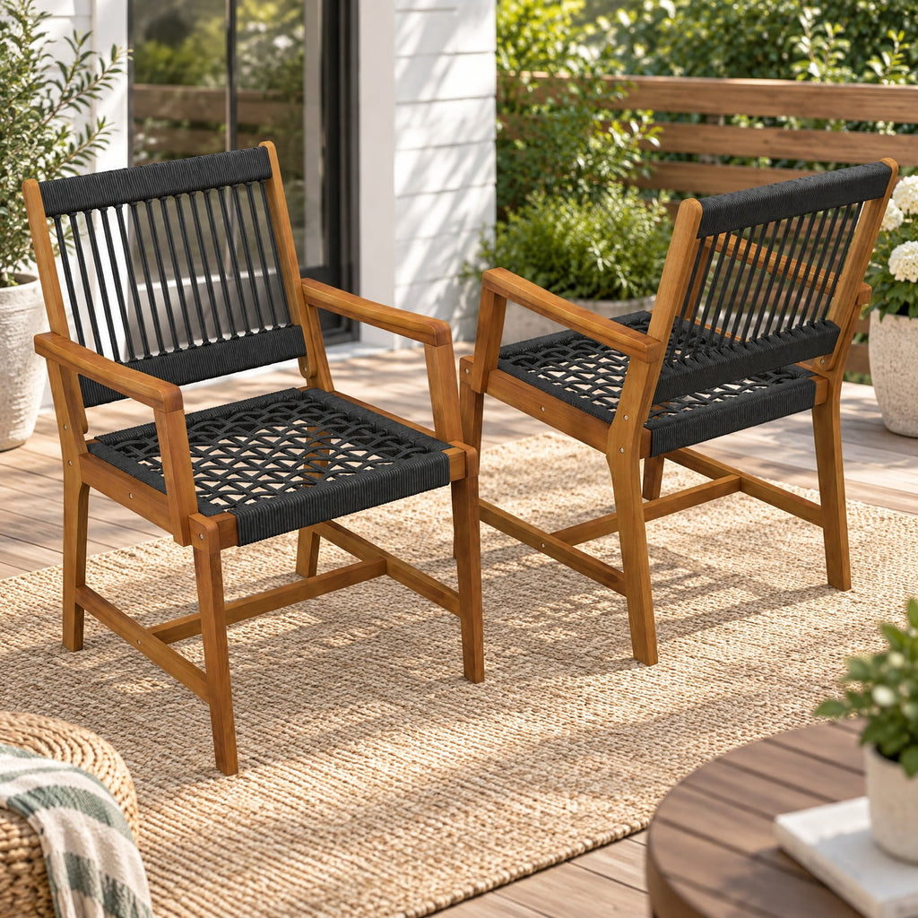 Airfind Set of 2 Patio Acacia Wood Dining Chairs with Armrests for Lawn Yard, Acacia Wood Plastic Rope Frame, Wood
