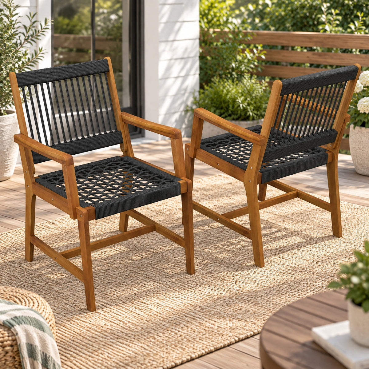 Airfind Set of 2 Patio Acacia Wood Dining Chairs with Armrests for Lawn Yard, Acacia Wood Plastic Rope Frame, Wood