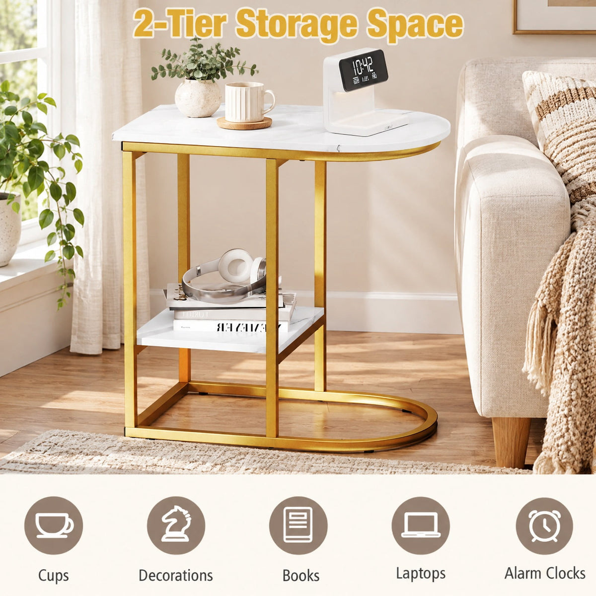 Airfind C-shaped Modern Sofa Side Table with Faux Marble Tabletop and Storage Shelf, 66 lbs Capacity, Engineered Wood Metal Frame, White