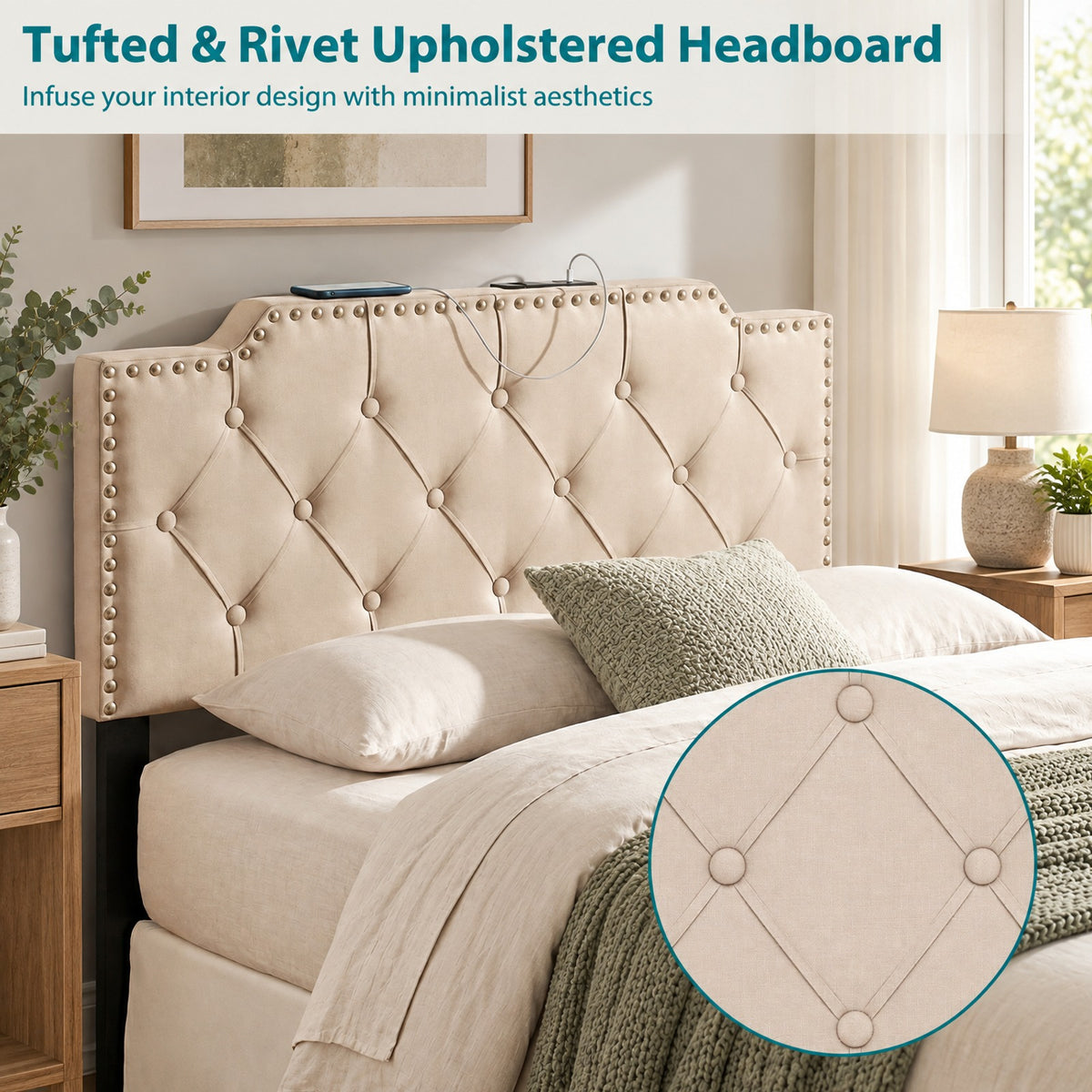 Airfind Upholstered Headboard with Built-in Charging Station, AC, USB and Type-C Ports, Rivet Tufted Headboard for Queen and Full Size Bed, Beige