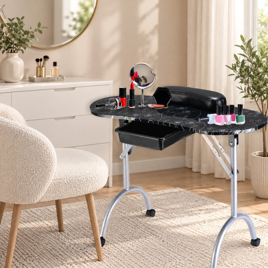 Airfind Foldable Portable Manicure Table with Drawer Casters and Cushion, MDF Metal Frame, 35.5 x 14.5 x 27 Footprint, Black