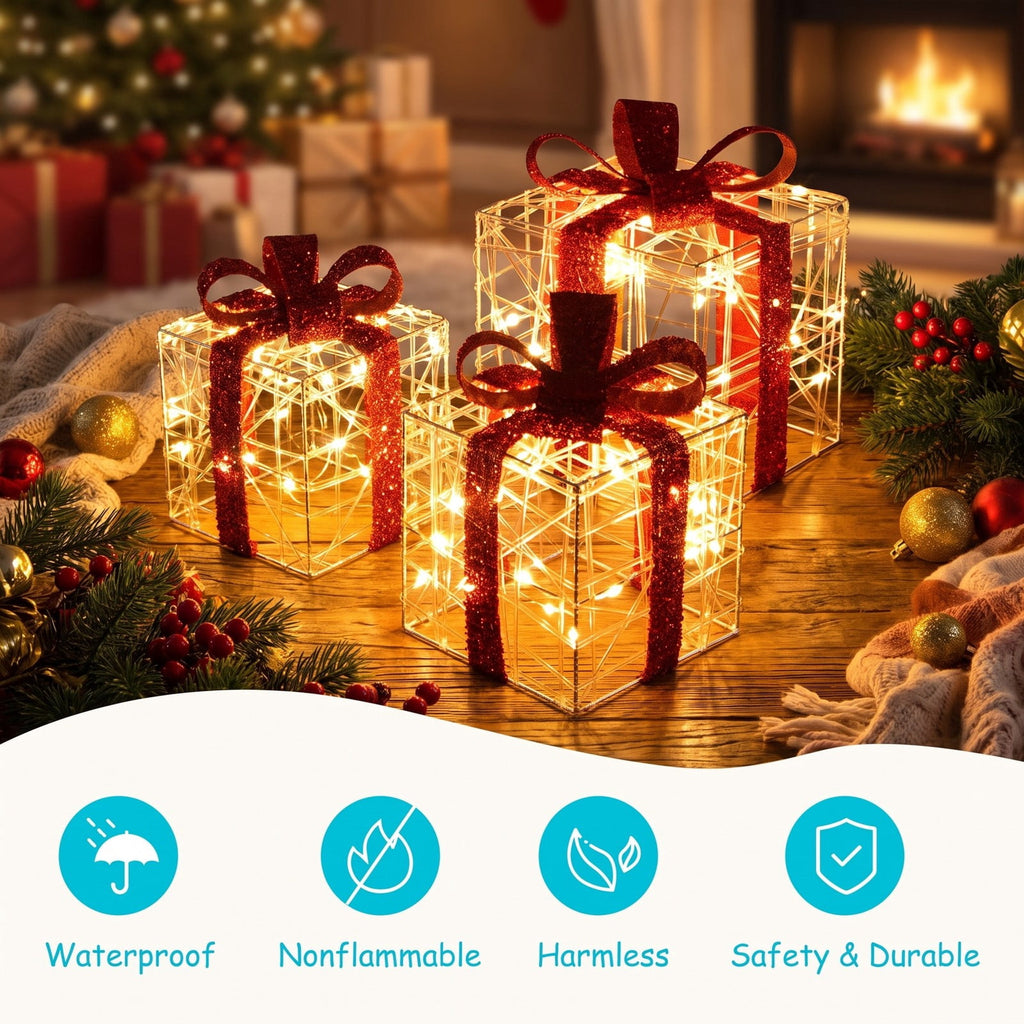 Airfind 3 Pieces Christmas Lighted Gift Boxes Decorations with 60 LED Lights for Indoor and Outdoor, PVC Steel fabric Frame, As picture shows