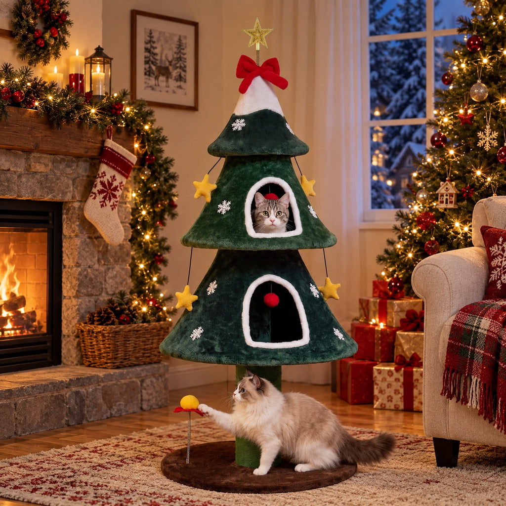 Airfind 54 Inch Christmas Cat Tree featuring 2 Private Condos for Indoor Cats, 22 lbs Capacity, Plush Fabric Frame, 23 Inch x 23 Inch x 54 Inch Footprint, Green