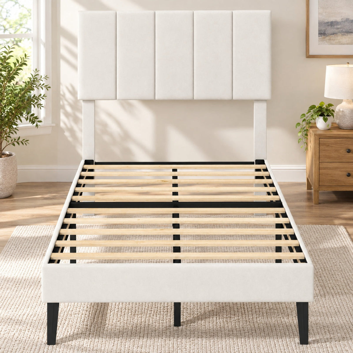 Airfind off-white Linen Upholstered Platform Bed with Height Adjustable Vertical Channel Headboard, 500 lbs Capacity, Velvet Frame, Off-White