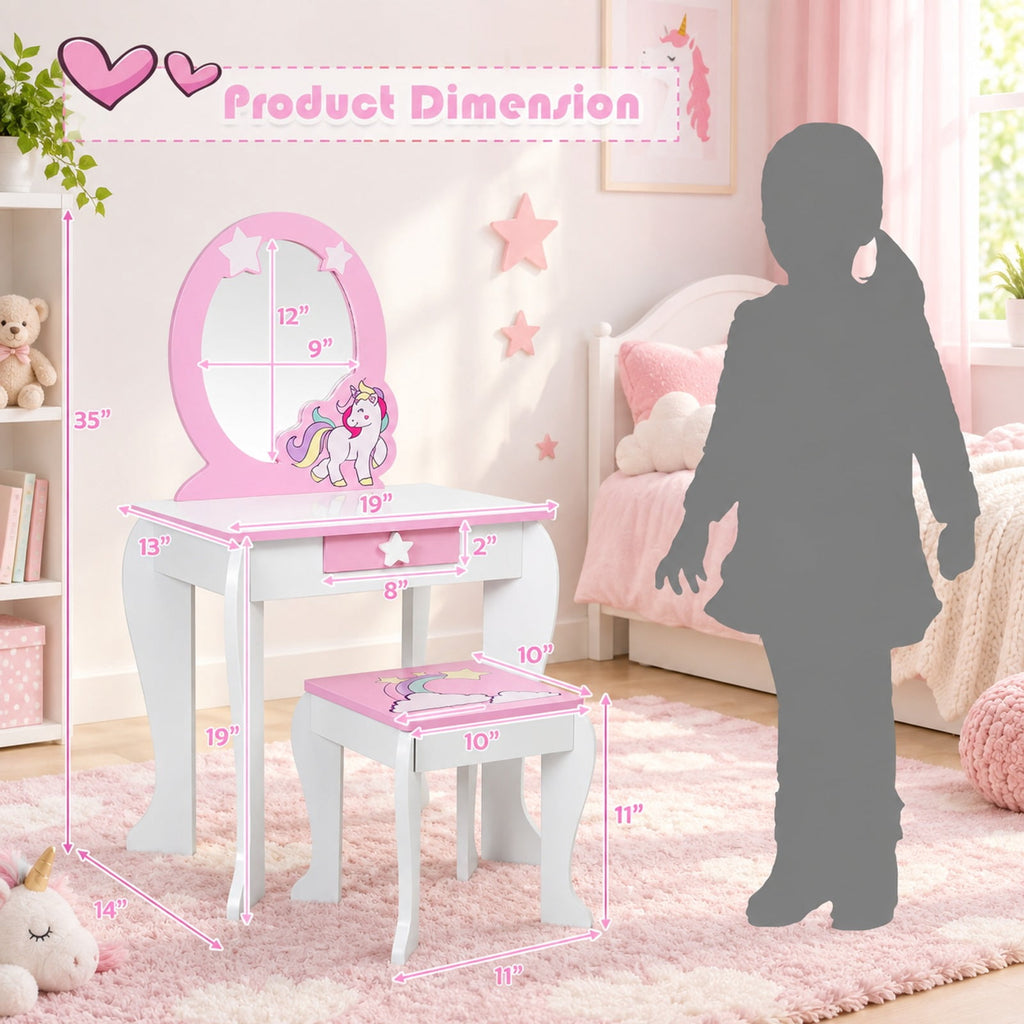 Airfind Kids Wooden Makeup Dressing Table and Chair Set with Mirror and Drawer, MDF Frame, 19 Inch x 14 Inch x 35 Inch Footprint, White