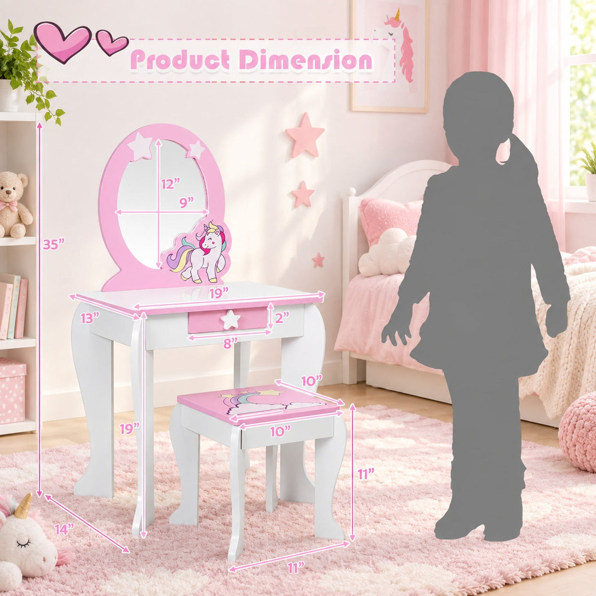 Airfind Kids Wooden Makeup Dressing Table and Chair Set with Mirror and Drawer, MDF Frame, 19 Inch x 14 Inch x 35 Inch Footprint, White