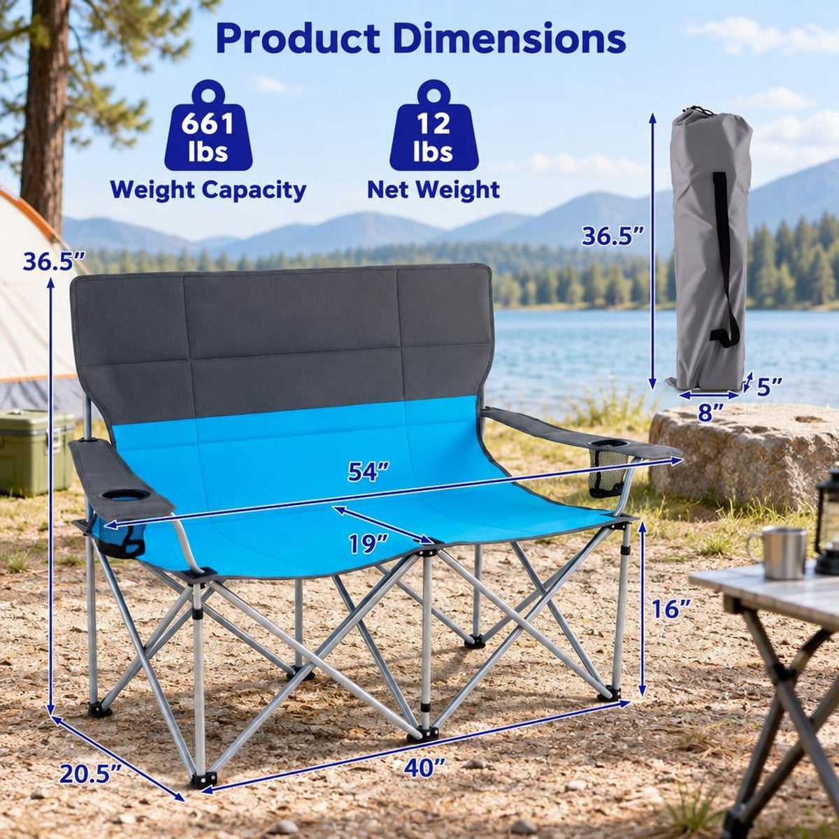 Airfind Double Camping Chair with Carry Bag Cup Holders, 660 lbs Capacity, Metal Oxford Fabric Sponge, 40 Inch x 20.5 Inch x 36.5 Inch , Blue