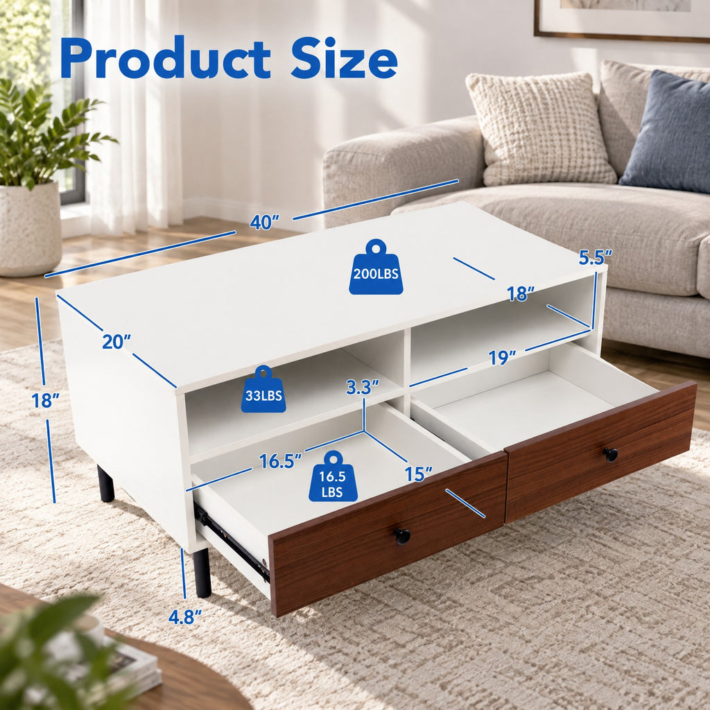 Airfind 2 Tier 40 Inch Length Modern Rectangle Coffee Table with Storage Shelf and Drawers, 200 lbs Capacity, Engineered Wood MDF Frame, White