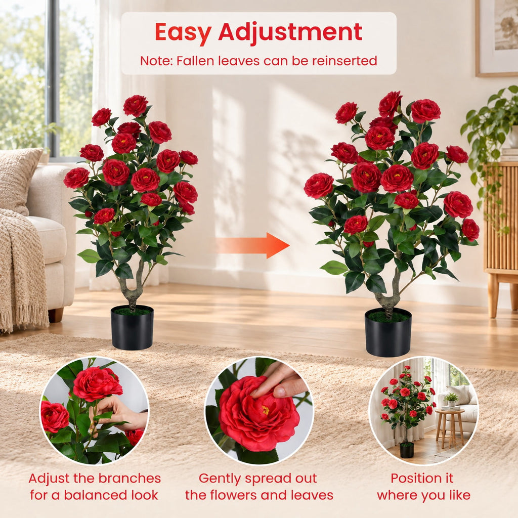 Airfind Artificial Camellia Tree, 2-Pack, Faux Flower Plant in Cement-Filled Pot, offers excellent stability and balance, Red
