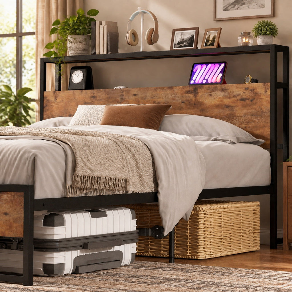 Airfind Full Size Bed Frame with 2-Tier Storage Headboard and Charging Station, 600 lbs Capacity, Metal MDF Frame, 82.5 Inch x 55.5 Inch x 39 Inch Footprint