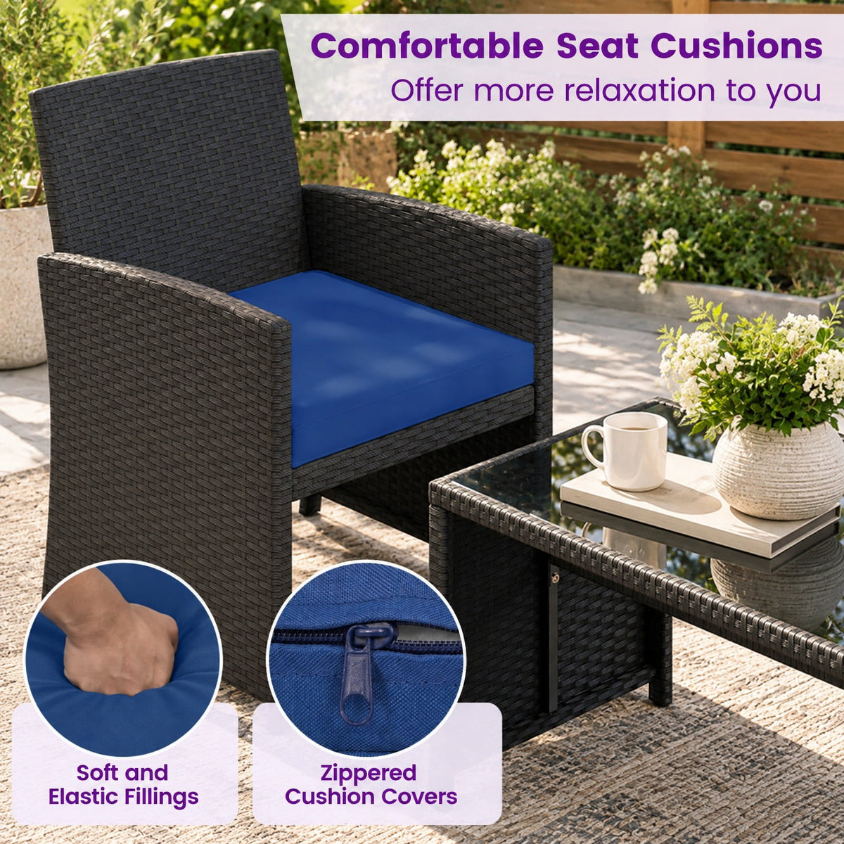 Airfind 4 Pieces Patio Furniture Set with Tempered Glass Tabletop and Removable Cushion, 400 lbs Capacity, Rattan Steel Sponge Frame, Navy