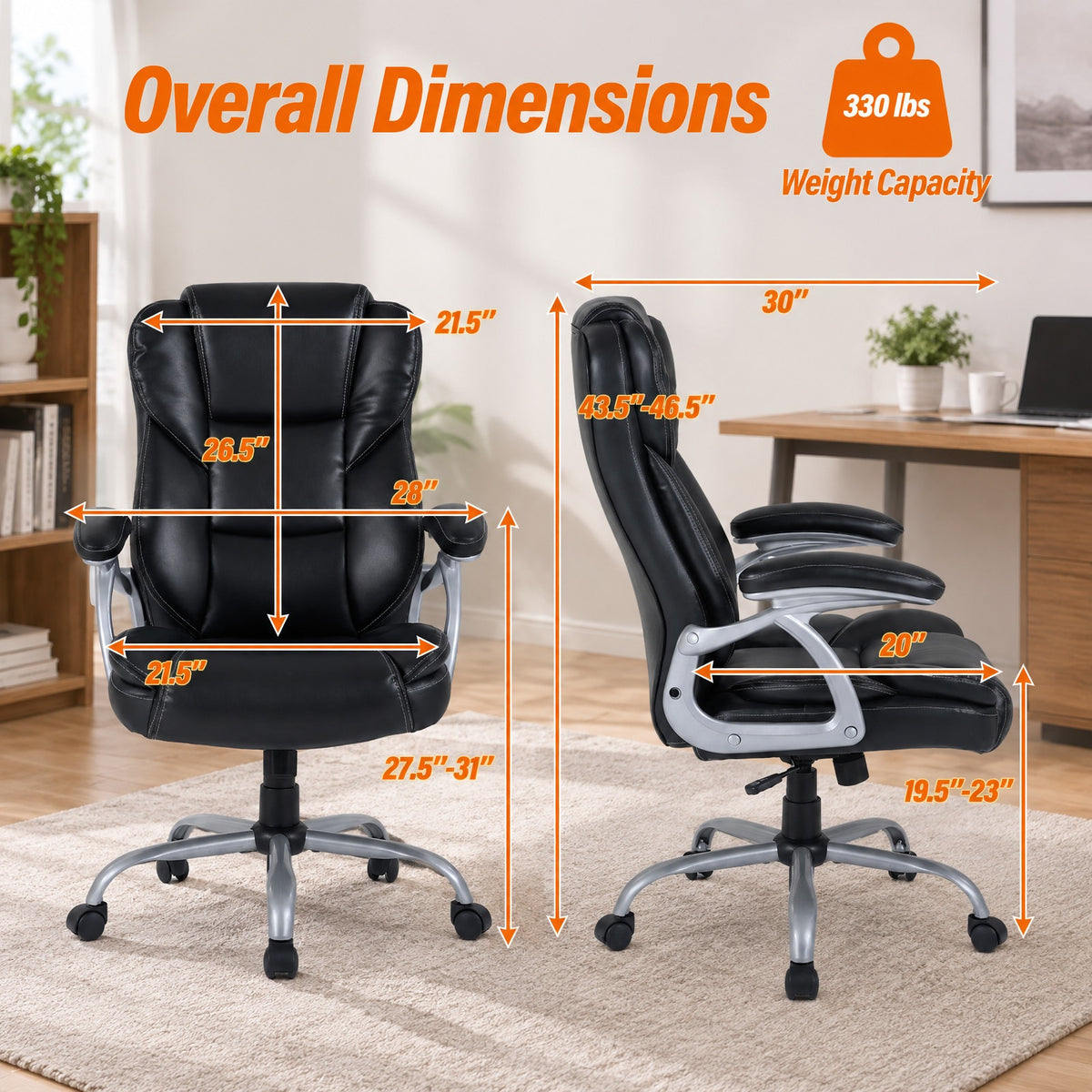 Airfind Executive Office Chair Leather Ergonomic Computer Desk Chair with Padded Seat and Armrests, 330 lbs Capacity, Black