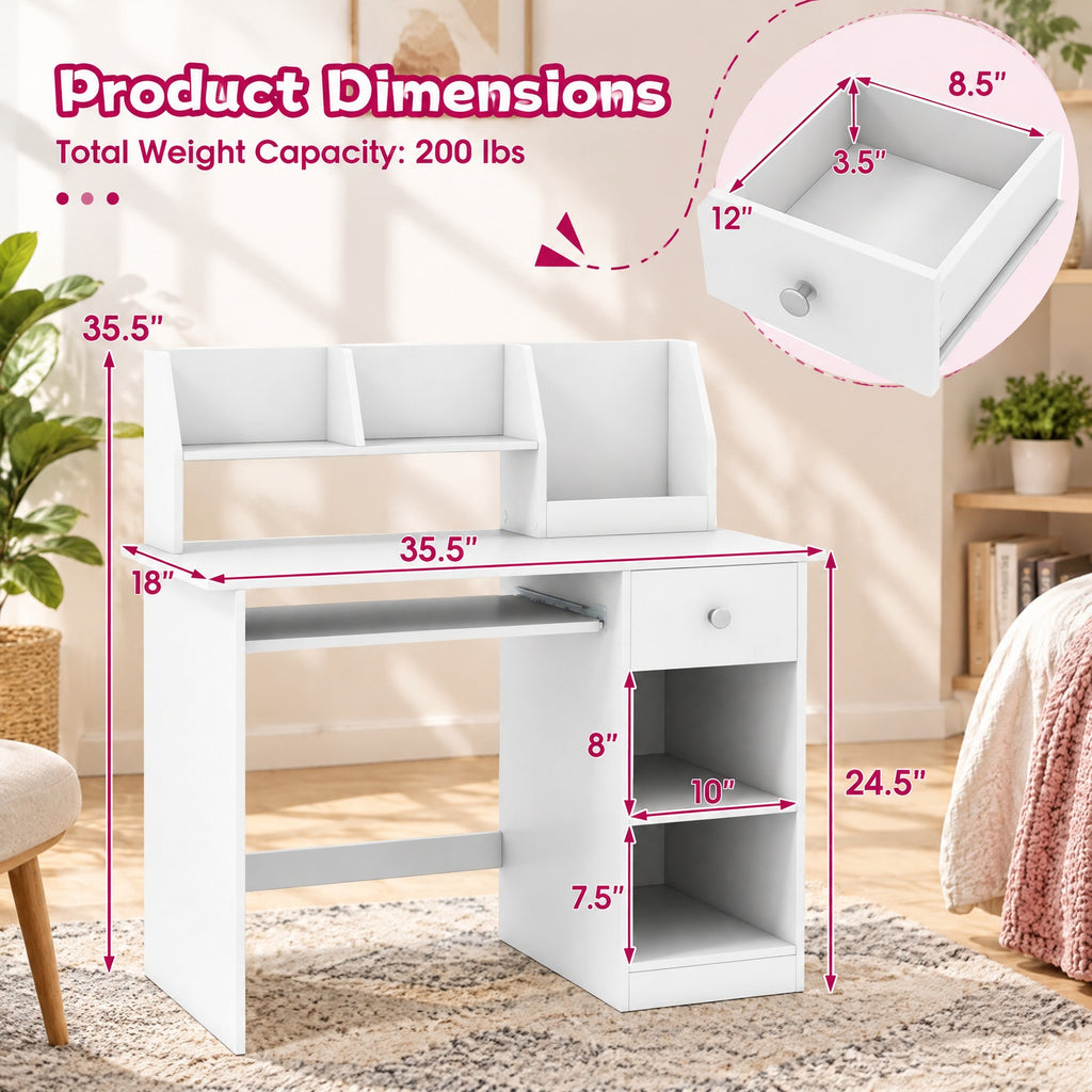 Airfind Youth Study Desk Youth Writing Table with Hutch Drawer Shelves and Keyboard Tray, 200 Lbs Capacity, Engineered Wood, White