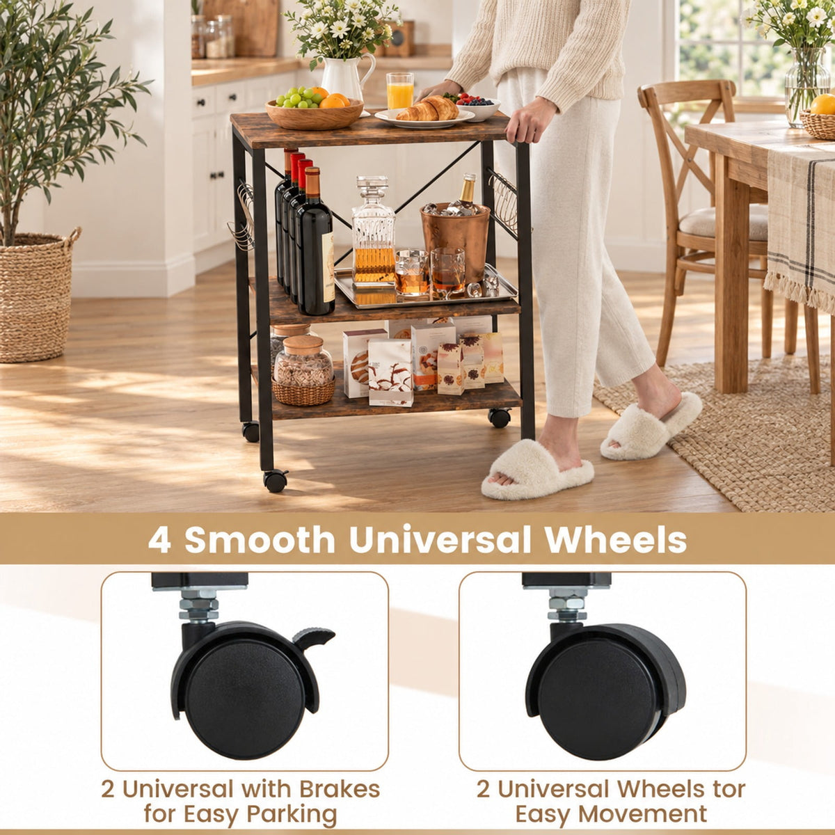 Airfind 3-Tier Kitchen Bakers Rack Microwave Oven Storage Cart with Hooks, 44 lbs Weight capacity of each shelf: 22 lbs Capacity, Iron Frame, Brown