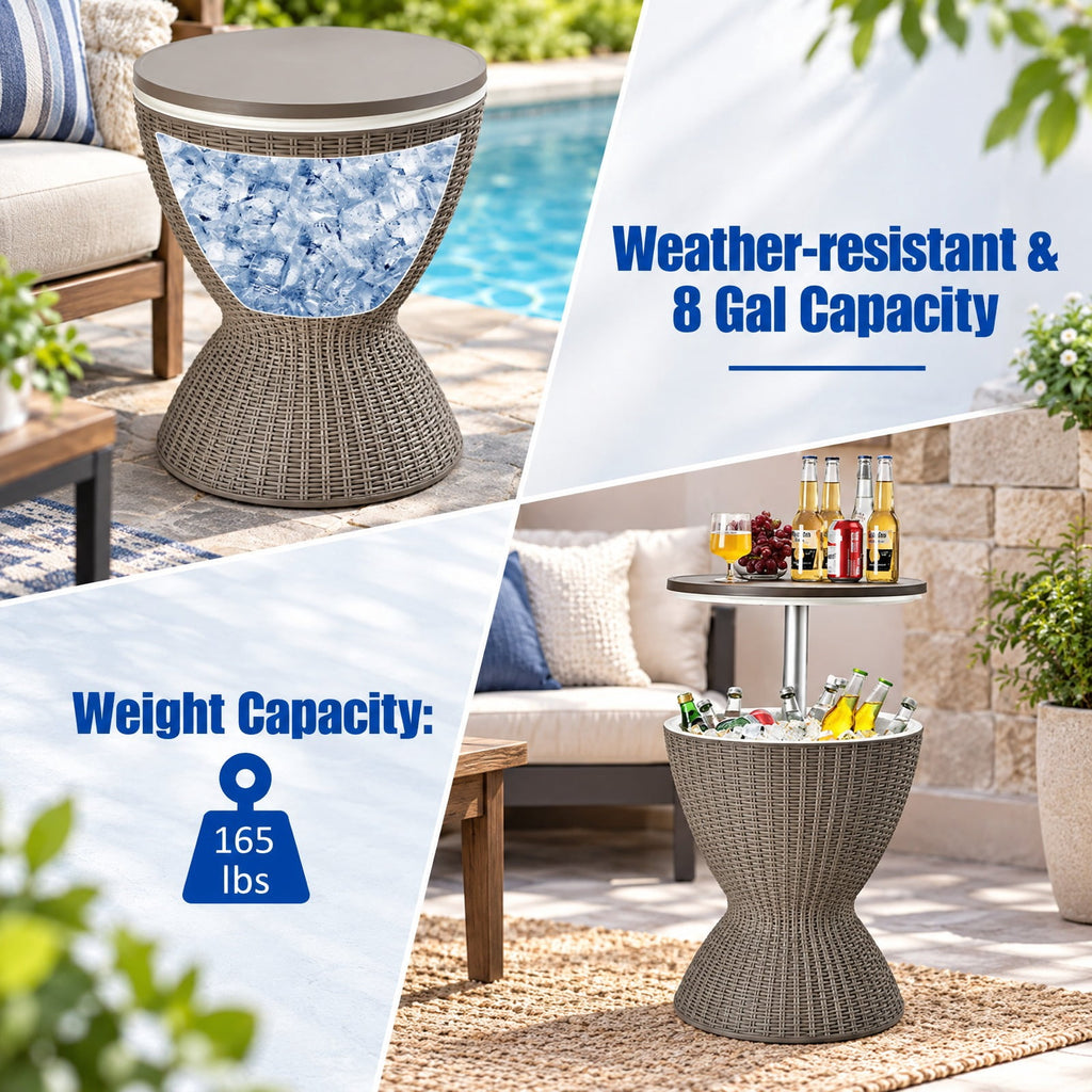 Airfind 3 in 1 8 Gallon Patio Rattan Cooler Bar Table with Adjust Ice Bucket, 165 lbs Capacity, PP Frame, Φ19 x 22.5 Footprint, Brown