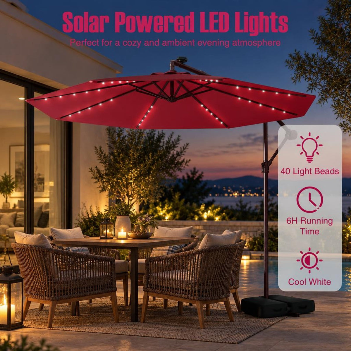 Airfind 10 Ft Patio Umbrella Offset Cantilever Umbrella with 40 Solar Powered Lights, Polyester Fabric Metal Oxford Fabric Frame, Red