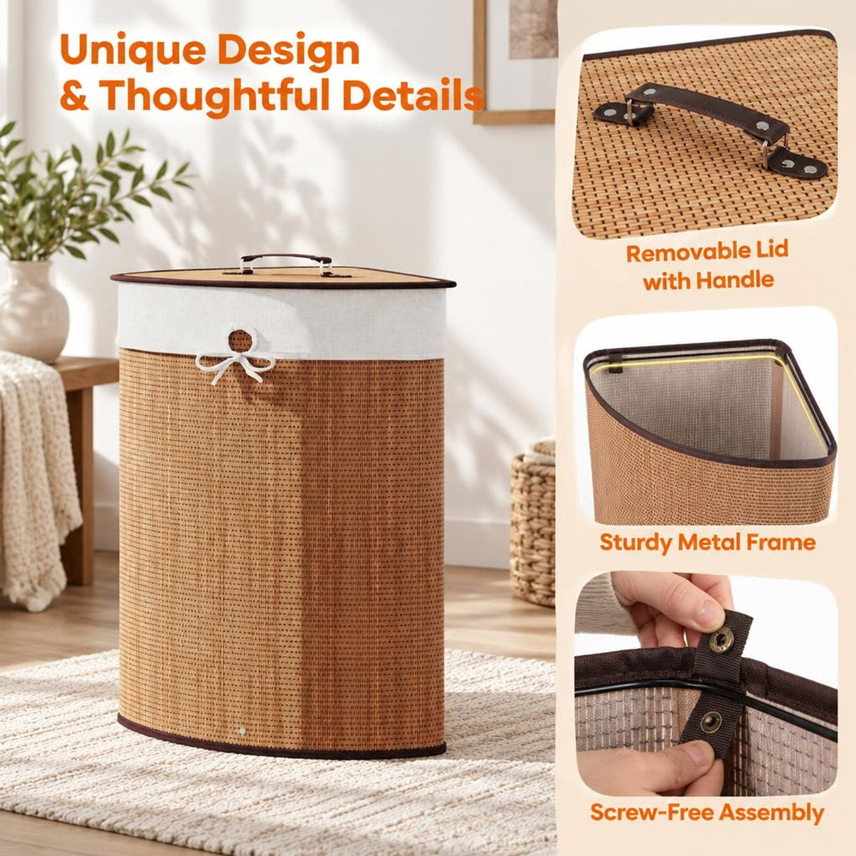 Airfind Bamboo Laundry Hamper Basket with Lid and Removable Liner Bag, Bamboo and polyester cotton Frame, Yellow