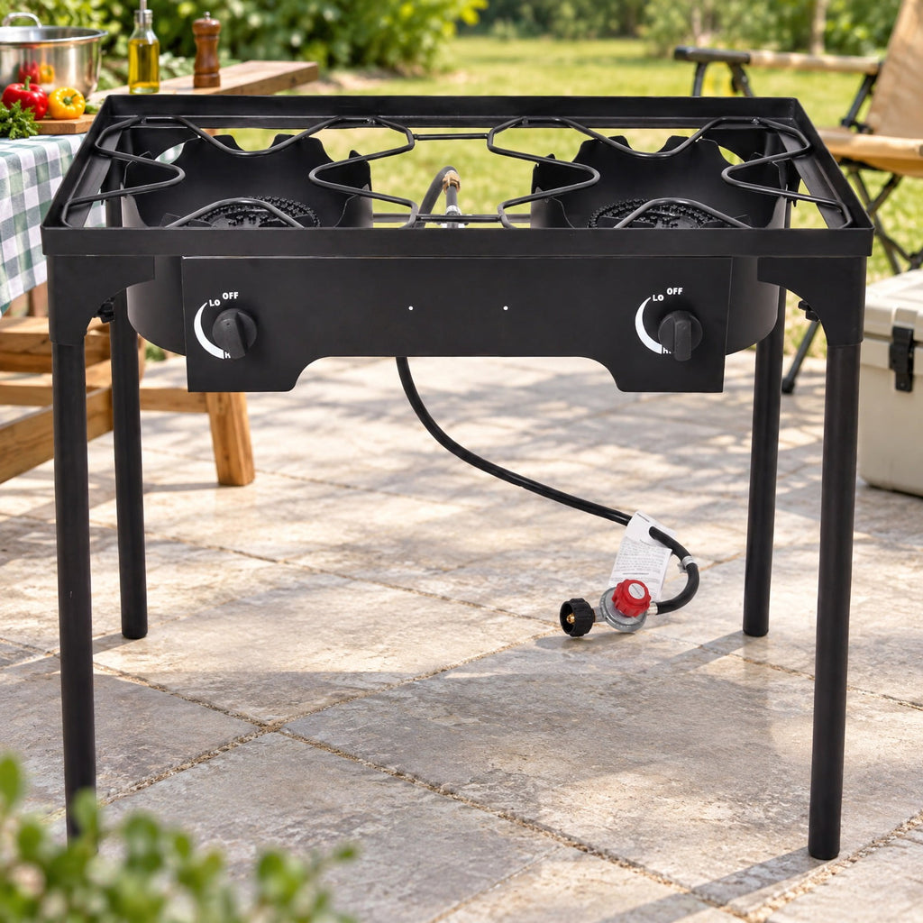 Airfind 150000 BTU Double Burner Outdoor Stove BBQ Grill, Cast iron Frame, 150 000 BTU of cooking power, Fully adjustable heat dial per burner
