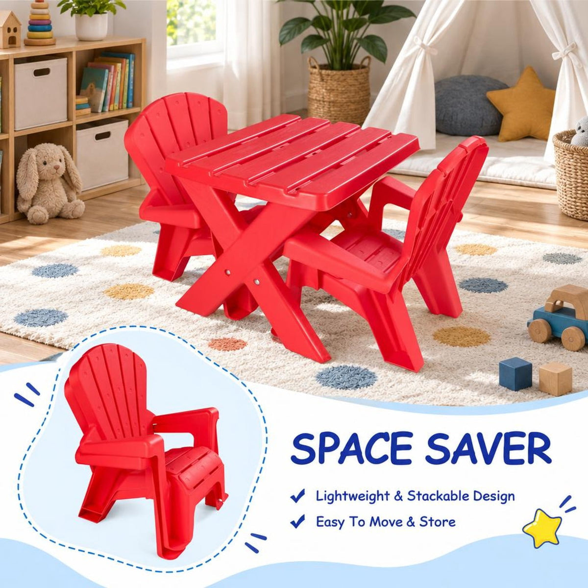 Airfind Plastic Youth Play Table, 3-Piece, Chair Set, 22 lbs Capacity, PP Frame, Durable construction lasts for years, Red
