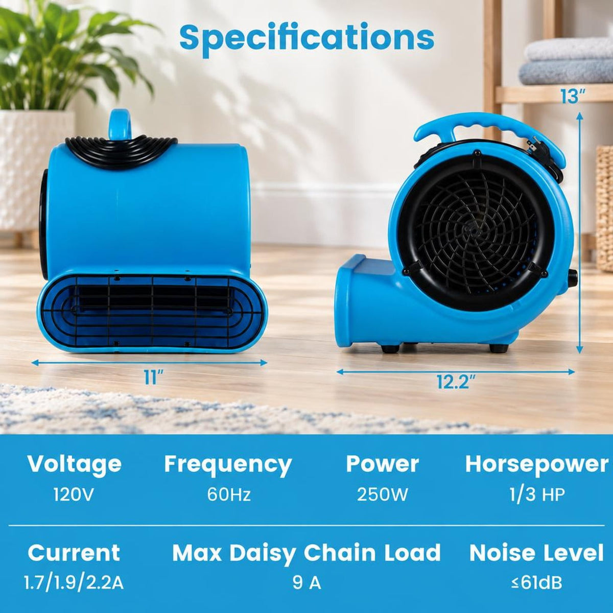 Airfind 1/3 HP Air Mover 3-Speed 1000 CFM Commercial Blower Fan, Polypropylene Frame, 12.2 x 11 x 13 Length of Footprint, Blue