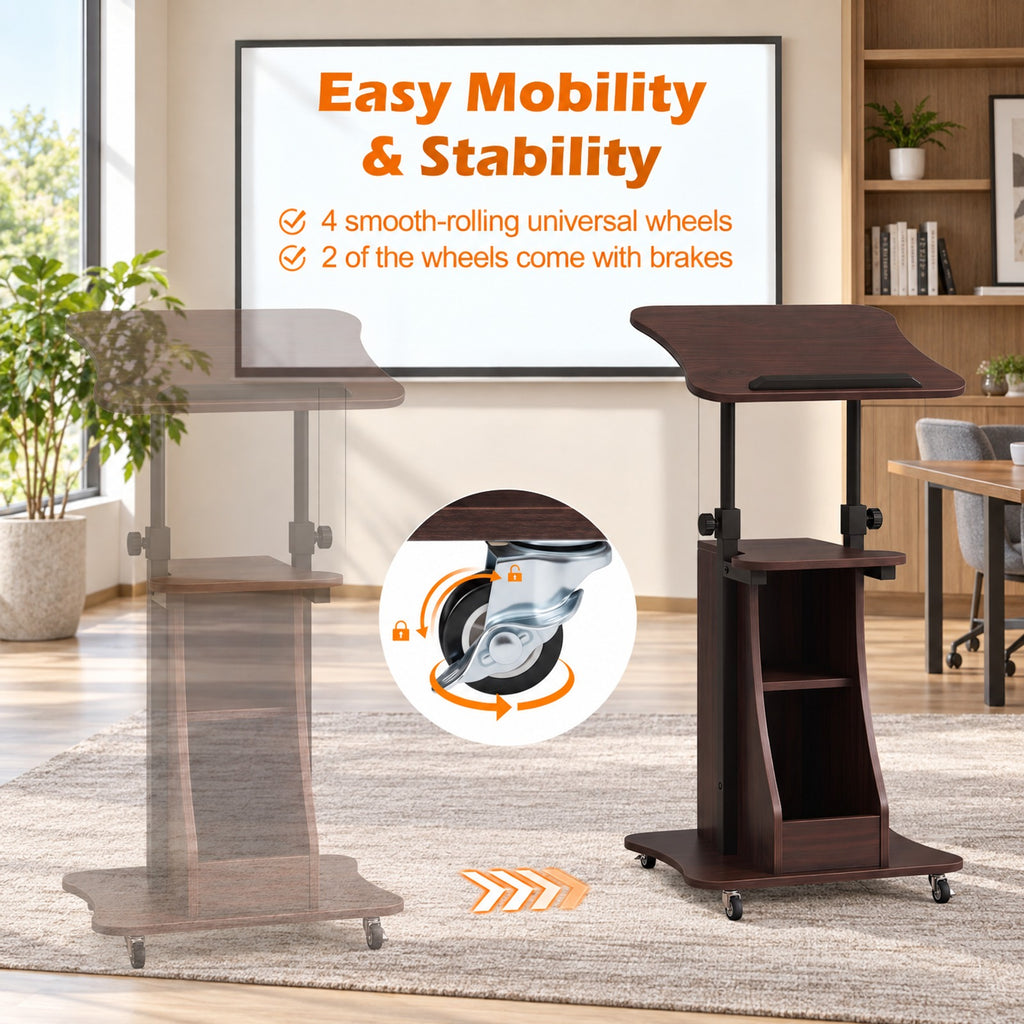 Airfind Mobile Podium Stand Height Adjustable Laptop Cart with Tilting Tabletop and Storage Compartments, 200 lbs Capacity, Brown