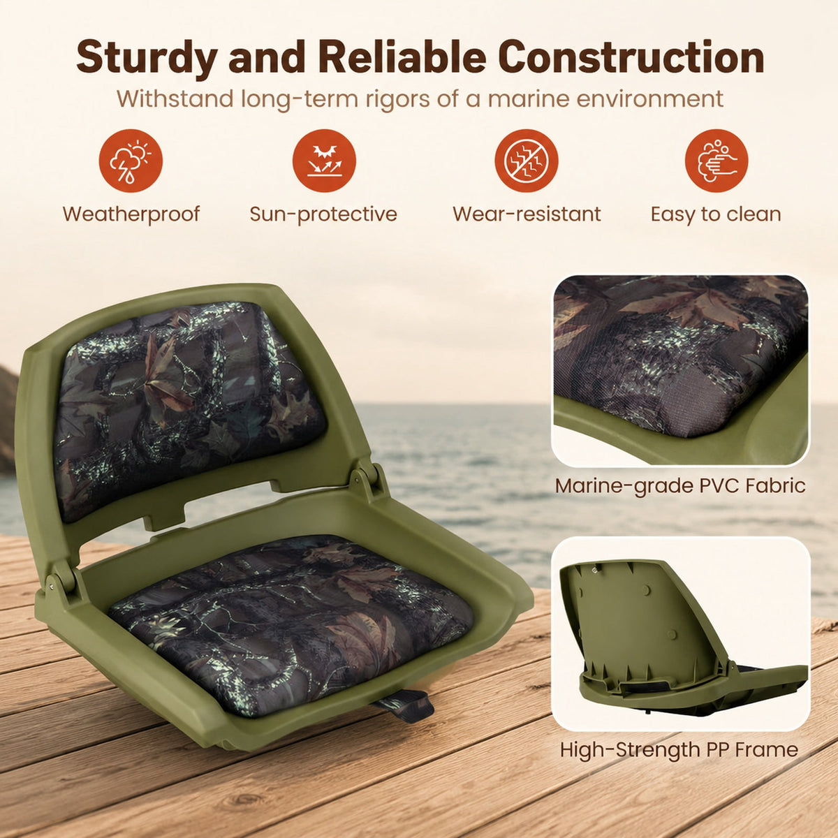 Airfind Folding Low Back Boat Seat with Marine Grade PVC and Sturdy PP Frame for Fishing Boats Pontoons and Marine Cabin Seating, Green