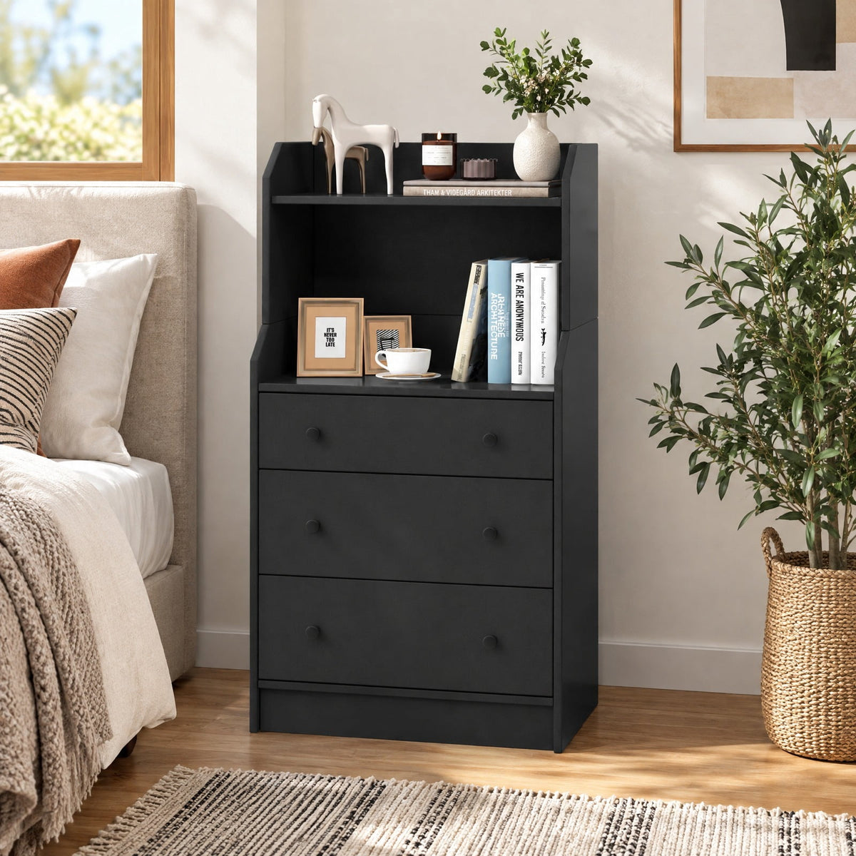 Airfind Modern Storage Dresser with Anti-toppling Device, 121 lbs Capacity, Engineered Wood Frame, 23 x 14 x 44 Footprint, Black