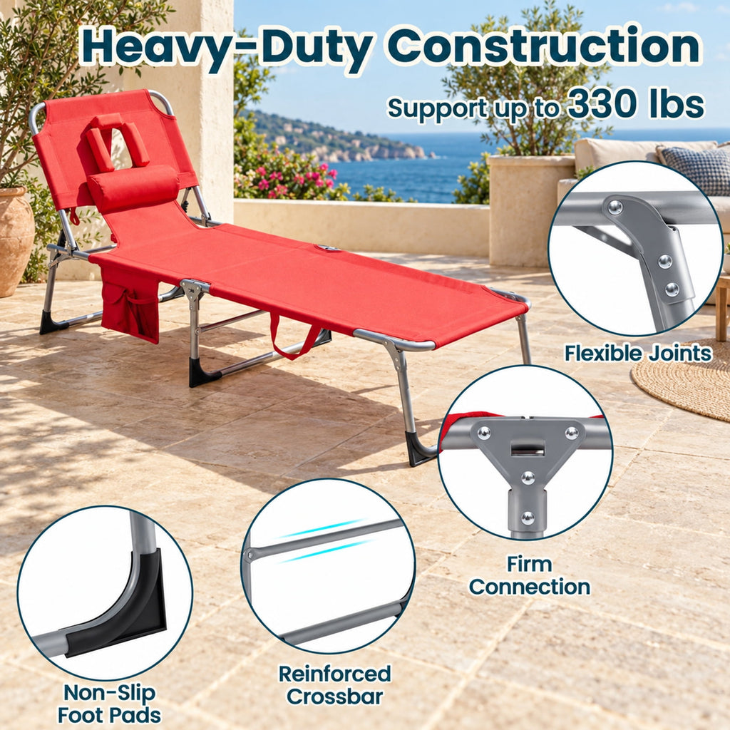 Airfind Set of 2 Tanning Chair Portable Chaise Lounge Chair with 4-Position Adjustable Backrest, 330 lbs Capacity, Red