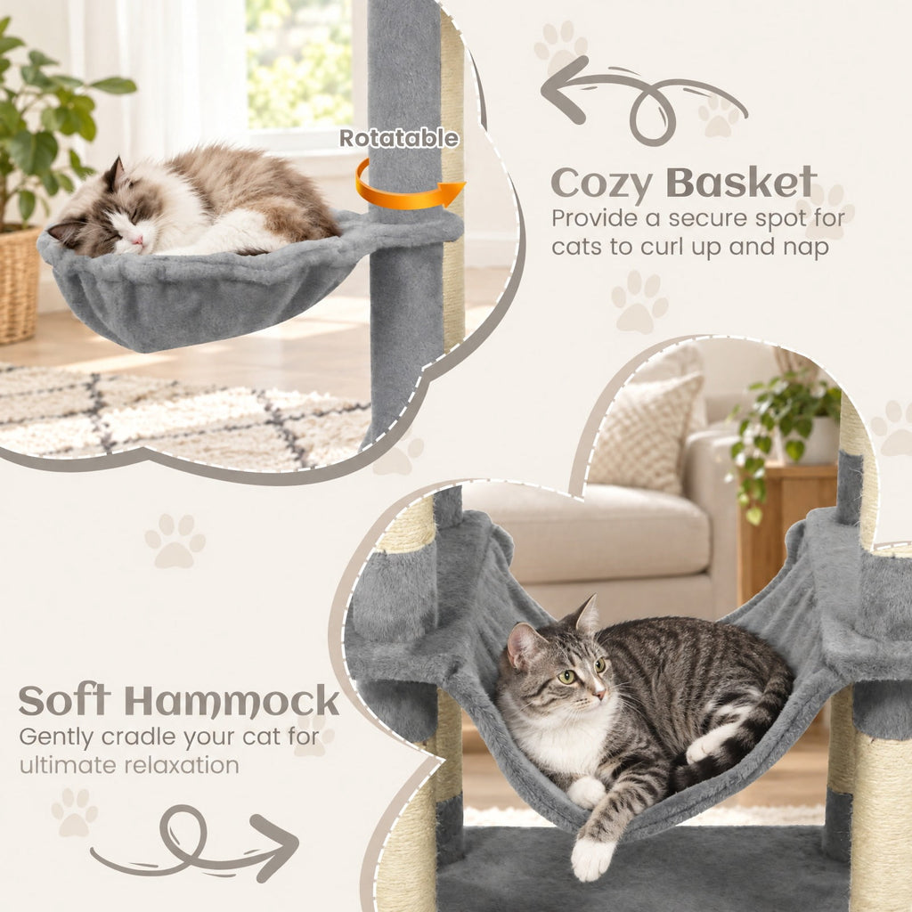 Airfind 80 Inches Tall Cat Tree with 2 Large Condos and Dangling Toys, 33 lbs Capacity, Engineered Board Sisal Plush Fabric Sponge Frame, Light Gray