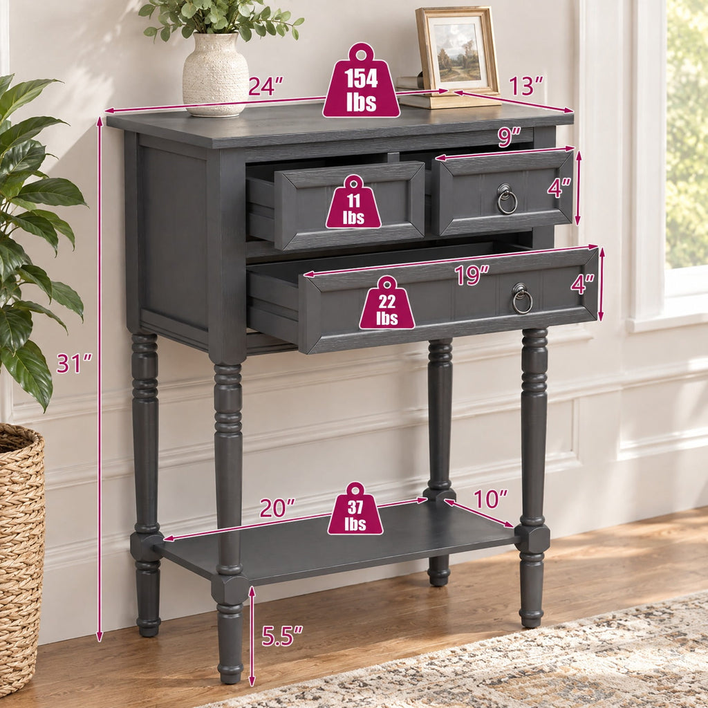 Airfind Narrow Console Table with 3 Storage Drawers and Open Bottom Shelf, 154 lbs Capacity, MDF Rubber wood Acacia Wood Frame, Gray