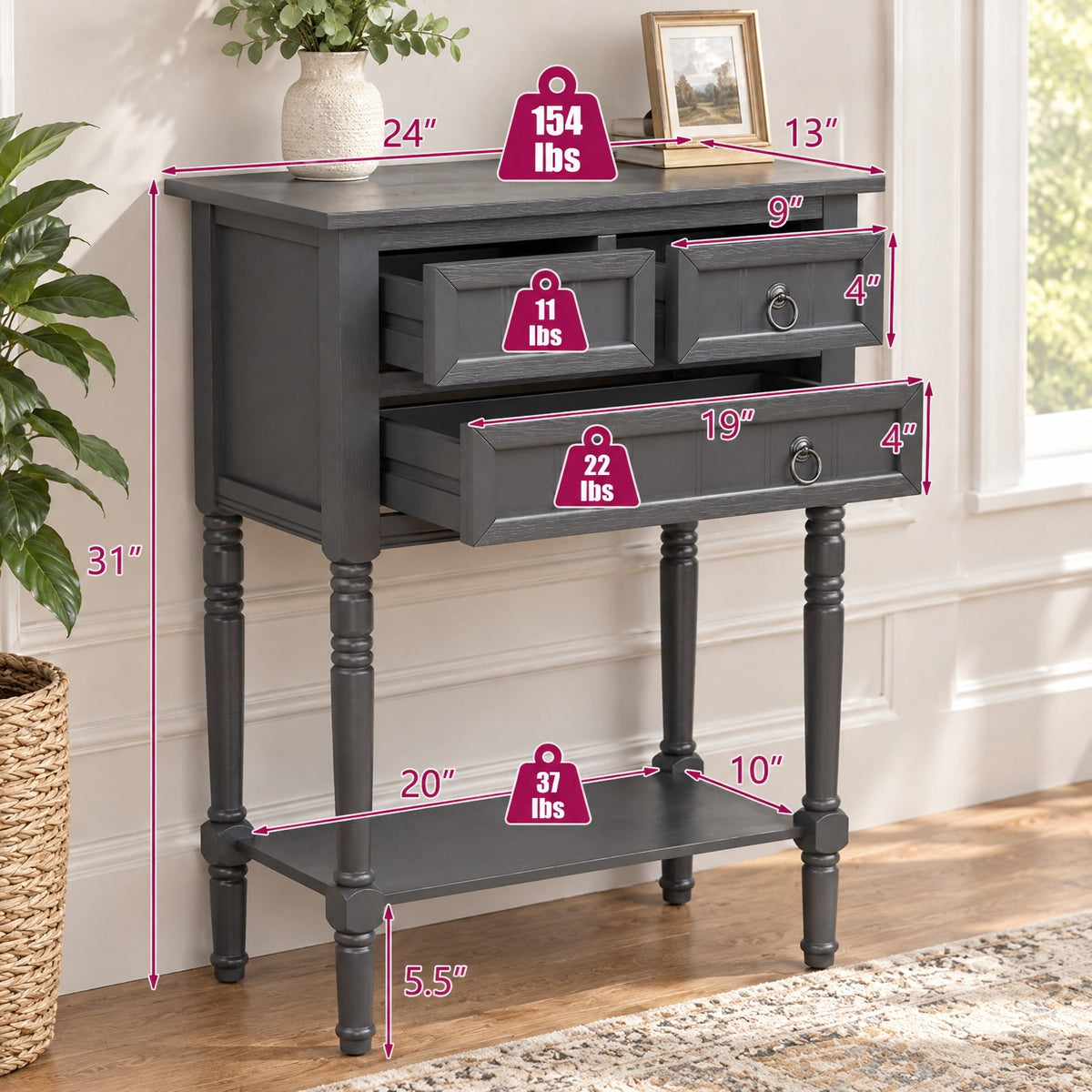 Airfind Narrow Console Table with 3 Storage Drawers and Open Bottom Shelf, 154 lbs Capacity, MDF Rubber wood Acacia Wood Frame, Gray