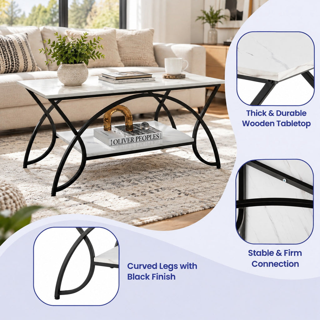 Airfind 2-Tier Faux Marble Coffee Table with Marble Top and Metal Frame, 110 lbs Capacity, Engineered wood steel Frame, Black White