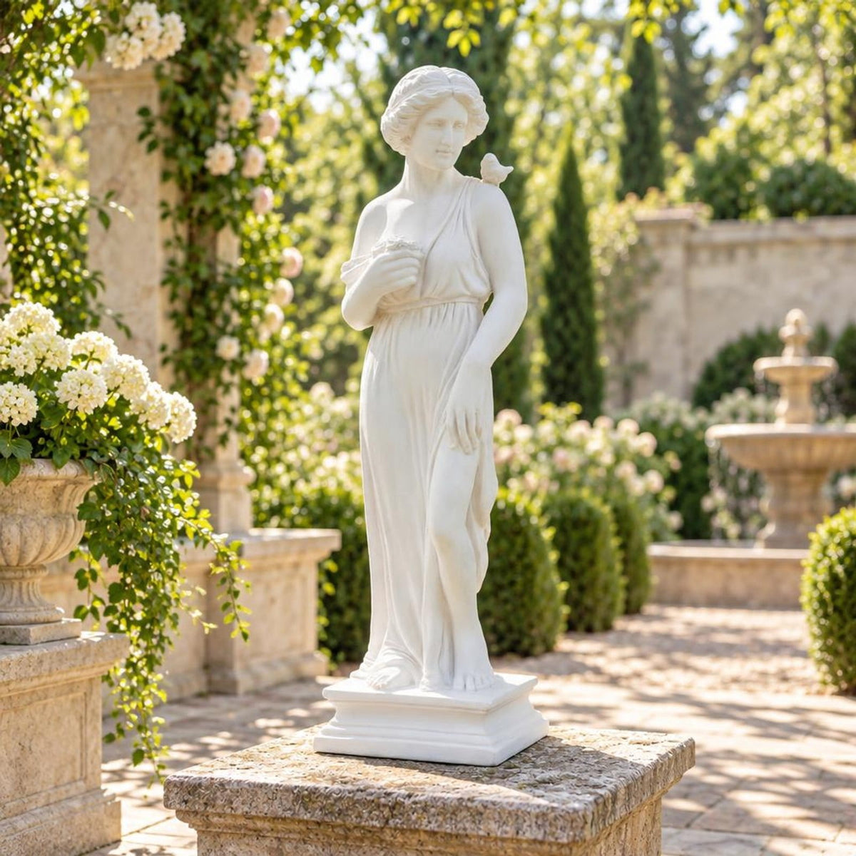 Airfind 31.5 Inch Outdoor Greek, Goddess Statue with Antique Finish and Column Base, Magnesium Oxide Fiber Filaments Frame, 9 Inch x 8 Inch x 31.5 Inch, White
