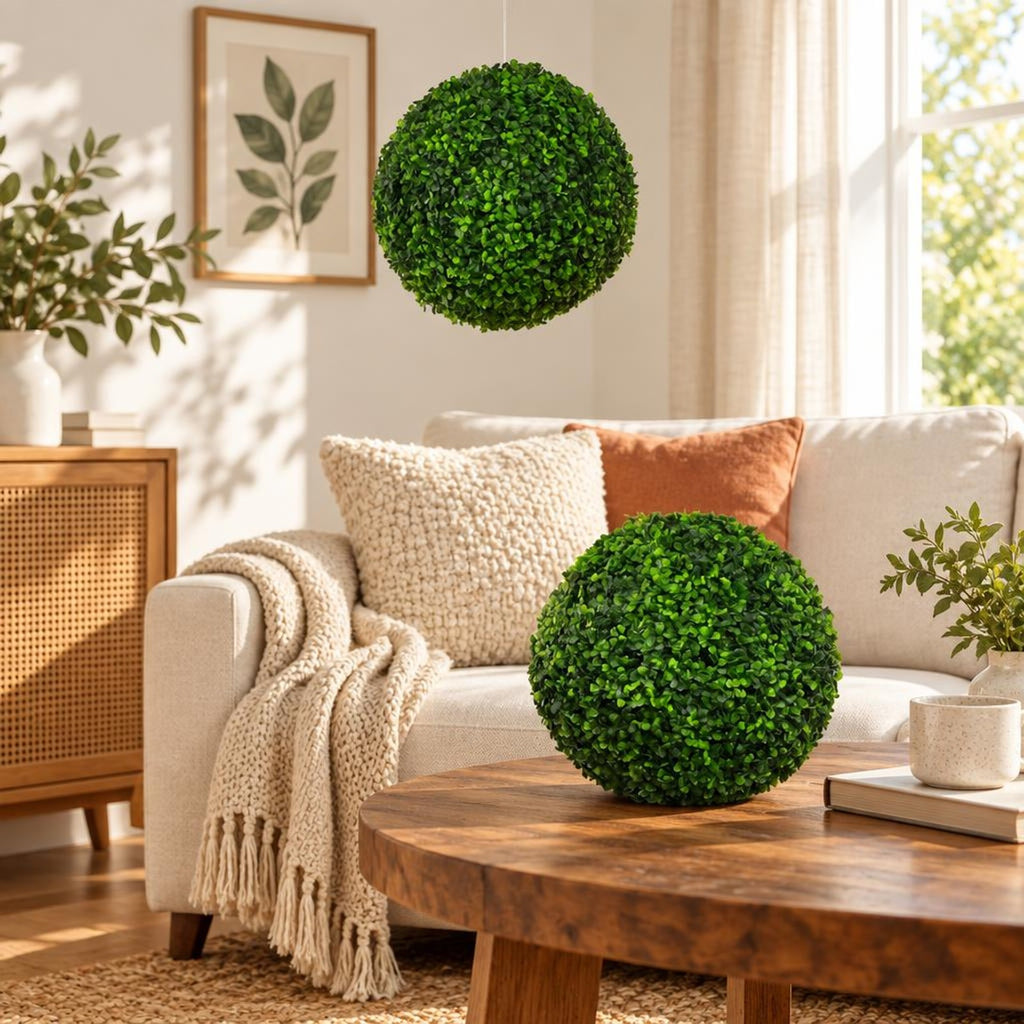 Airfind 2 Pieces 15.7 Inch Artificial Boxwood Topiary Ball Tree Set, PE Frame, 19 Inch x 19 Inch x 19 Inch Footprint, Green