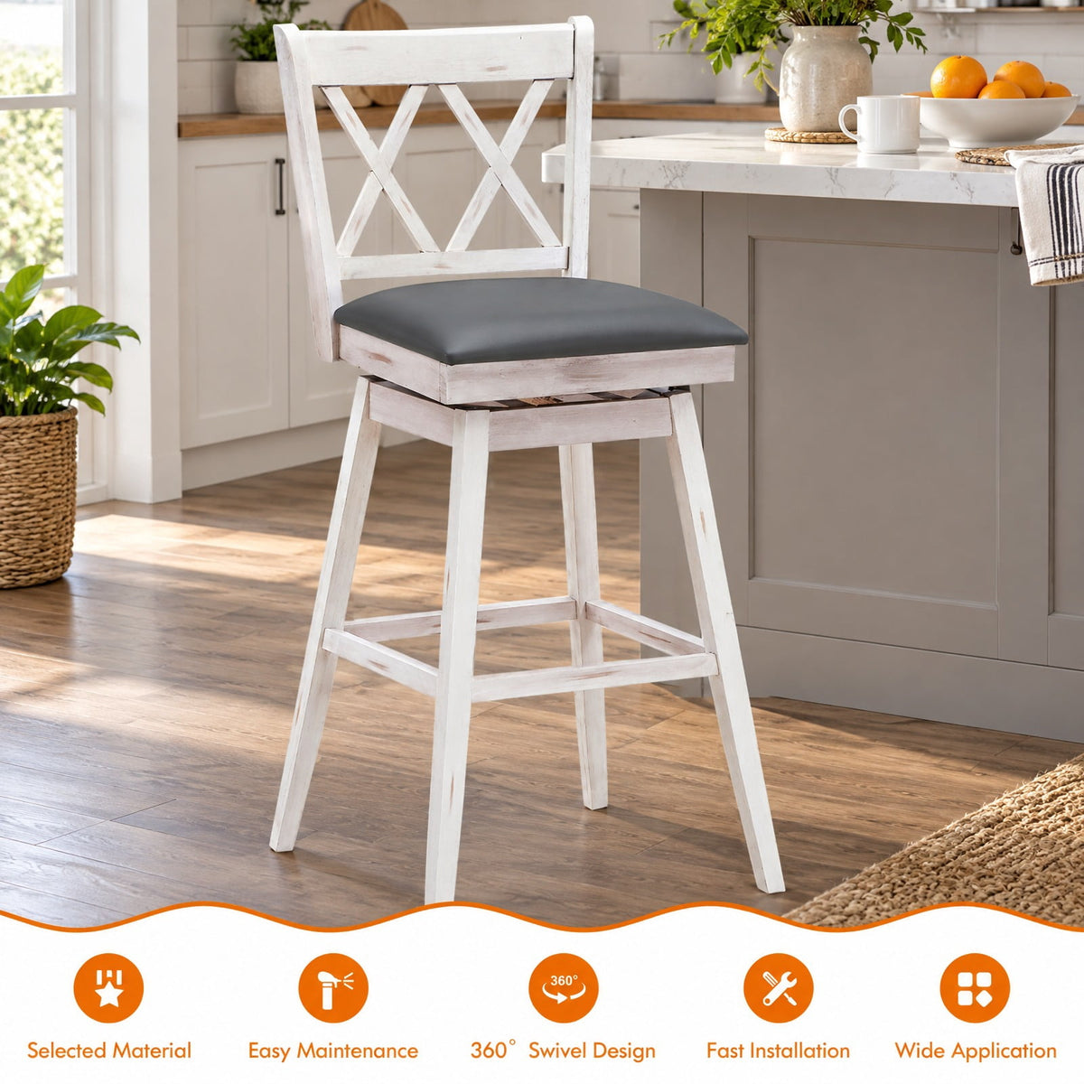 Airfind 2 Pieces 29 Inches Swivel Counter Height Barstool Set with Rubber Wood Legs, 265 lbs Capacity, PVC High density sponge rubber wood Frame