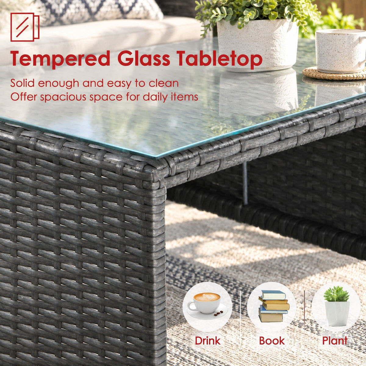 Airfind 6 Pieces Patio Rattan Furniture Set with Glass Table and Cushioned Seat, 530 lbs Capacity, Steel Frame, 60 x 28.5 x 25 Footprint, Gray