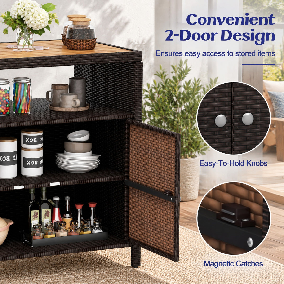 Airfind Rattan Storage Cabinet with Acacia Wood Countertop for Poolside Deck and Patio, 100 lbs Capacity, PE Rattan Acacia Wood Metal Frame, Brown