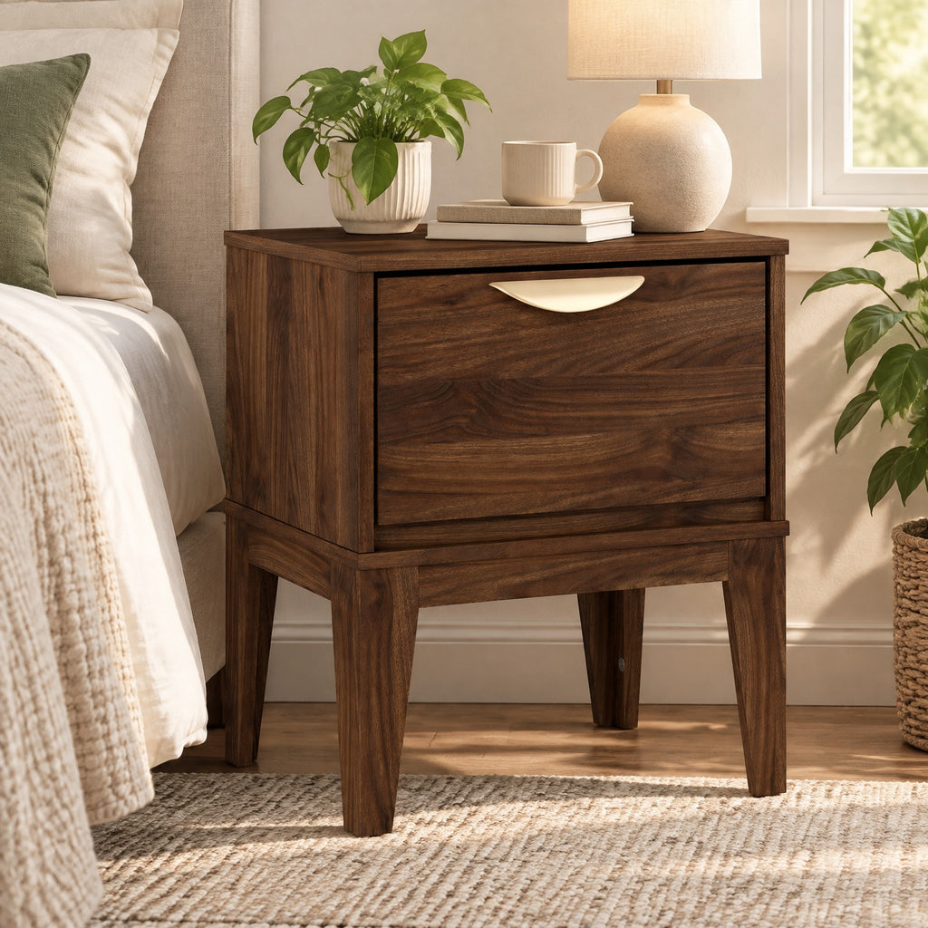 Airfind Mid Century Modern Bedside Table with Drawer and Tapered Support Feet for Bedroom, 45 lbs Capacity, Engineered Wood MDF Metal Frame, Walnut