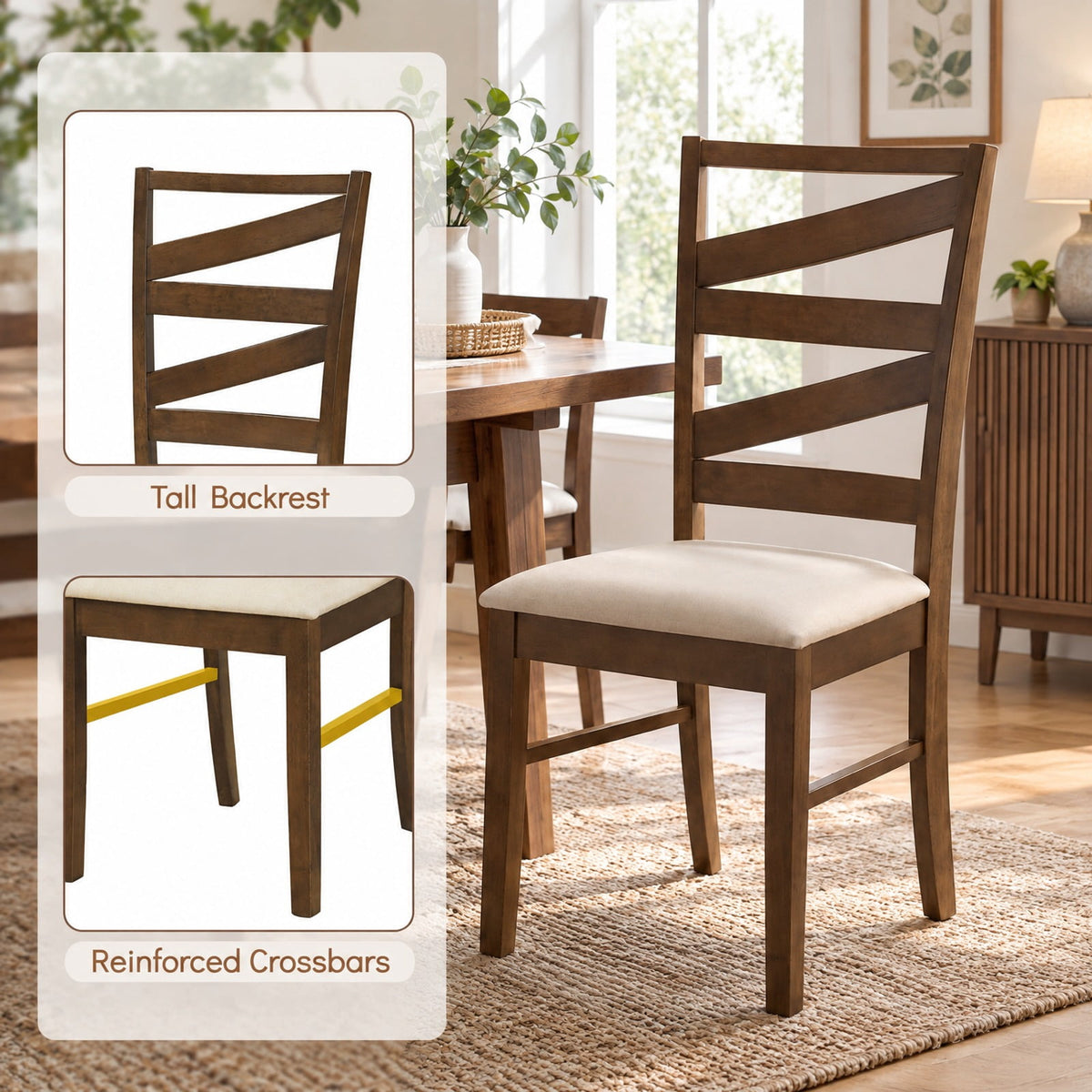Airfind Dining Chairs Set of 2 with Backrests and Rubber Wood Frames, Chair 330 lbs Capacity, 21 × 18 × 38 Footprint, Brown