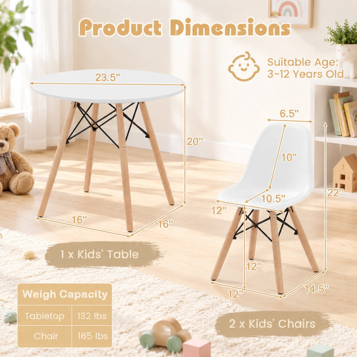 Airfind Kids Modern Dining Table Set with 2 Armless Chairs, 110 lbs Capacity, MDF PP beech wood and iron Frame, for 3-12years old, White